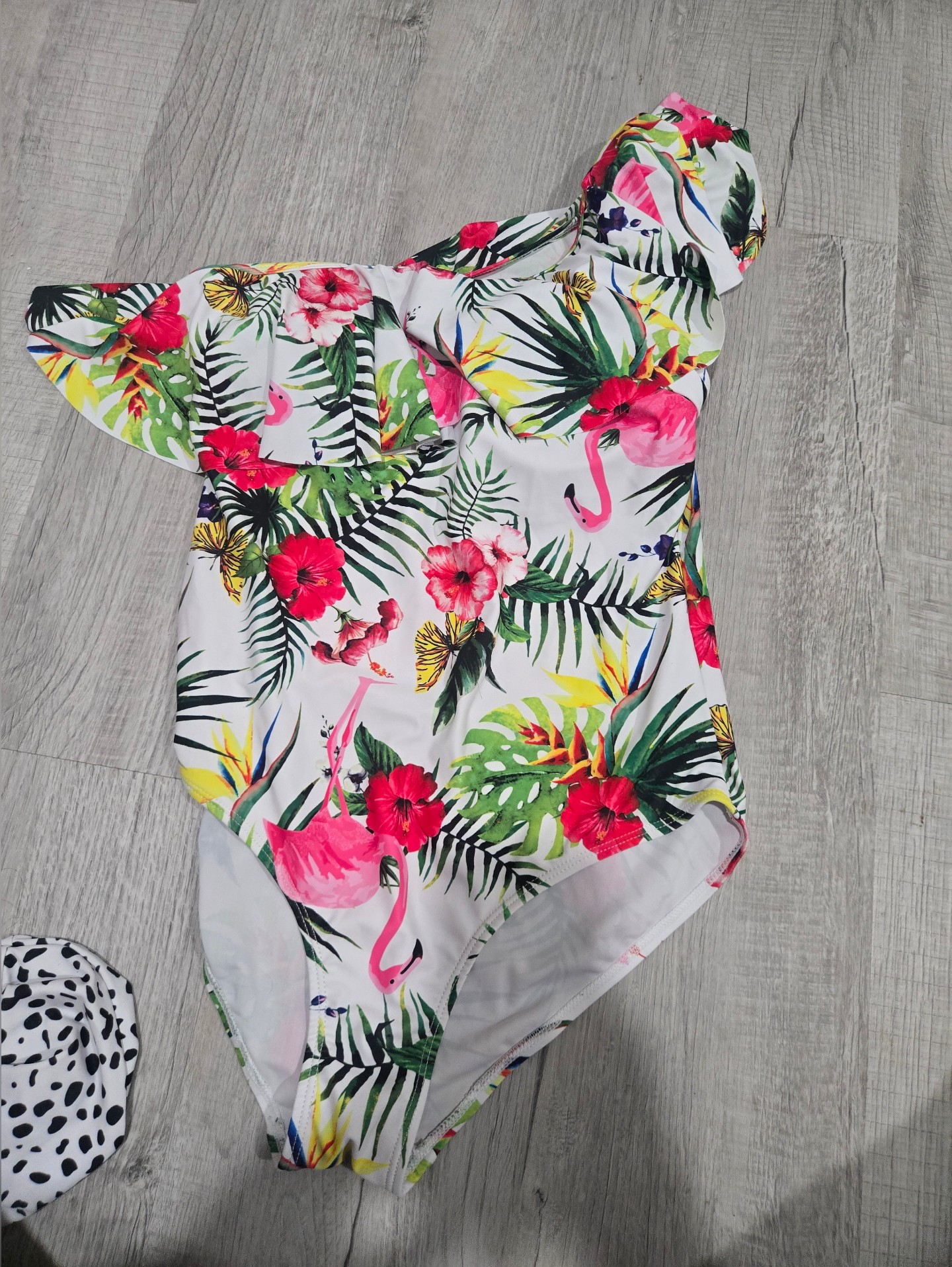 Tropical Flamingo One-Shoulder Swimsuit - White With Pink & Green